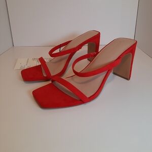 The Drop Women's Avery Red Square Toe Two Strap 3inch High Heeled Sandal. Size 9